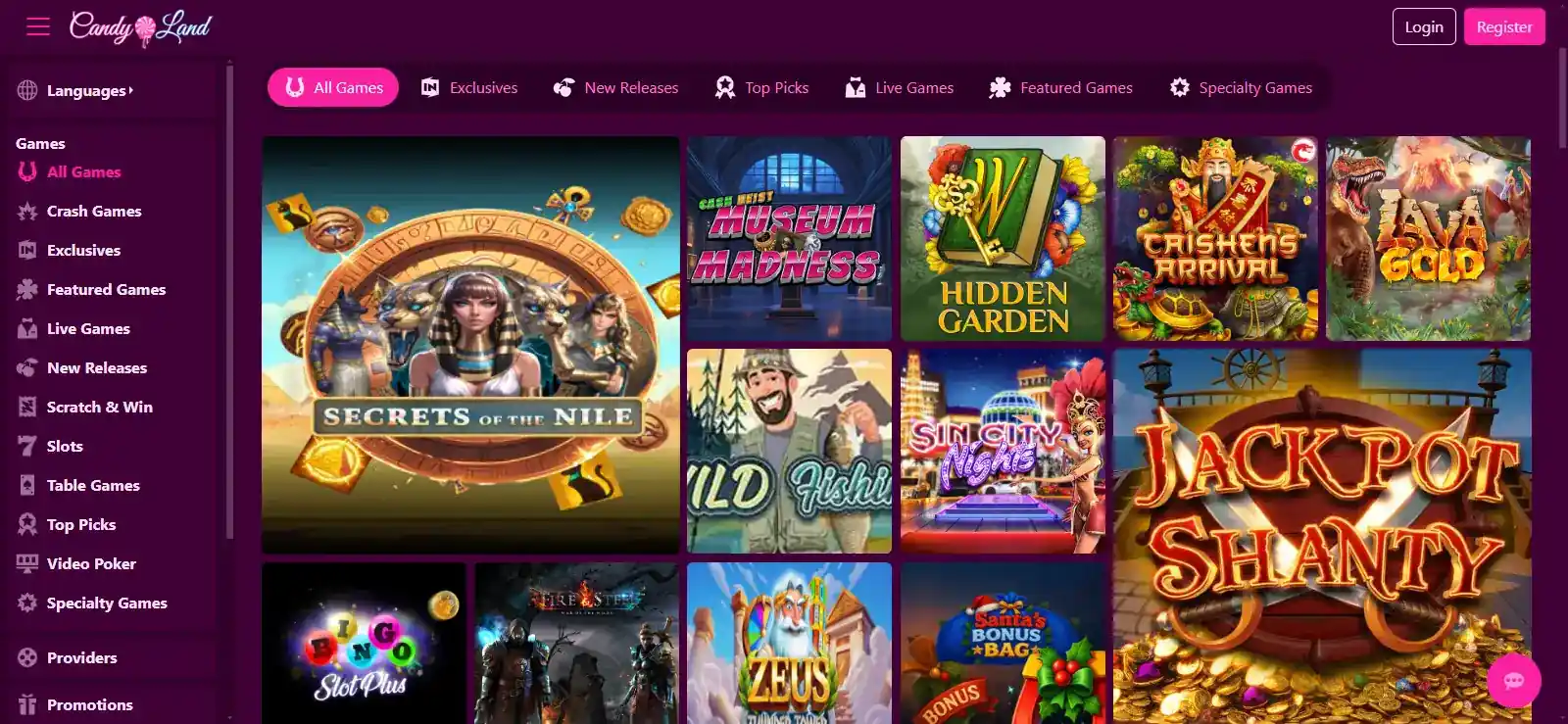 Current view of the official CandyLand Casino homepage or game lobby